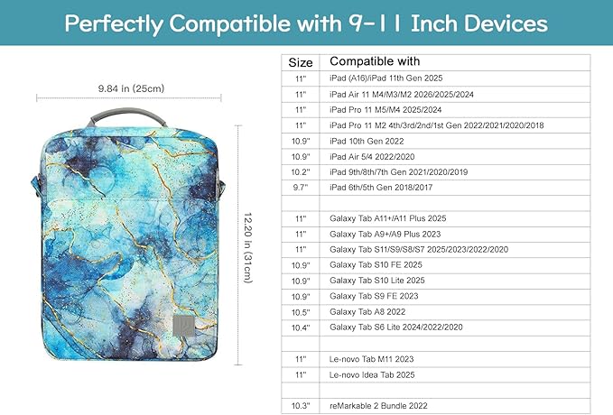 Dadanism 9-11 Inch Tablet Sleeve Bag Carrying Case with Shoulder Strap for iPad (A16) 11", iPad 10th Gen 10.9", iPad Air M4/Pro M5 11", iPad 9/8/7th 10.2", Galaxy Tab A11+ Plus 11", Marble Blue