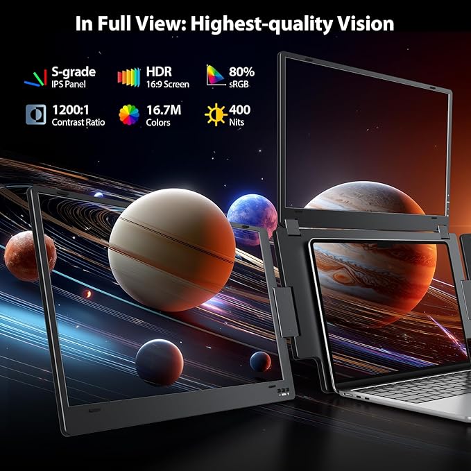Triple Screen Laptop Monitor Extender, Quad Monitor 15.6” FHD 1080P Portable Triple Monitors, 1 USB-C Connection for 4 Screens, Integrated Aluminum Alloy, Auto Rotation Top Display for 12–17.3” Laptop