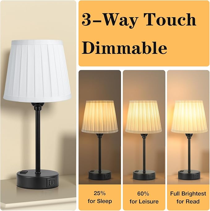 White Bedside Lamps for bedrooms Set of 2 - White Pleated Lamp Shade with USB Charging Ports, Touch Lamps for Nighstand, Night Stand Lamp for Dorm/Office/Living Room/Class Room