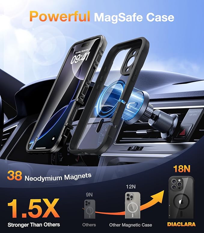 Diaclara Magnetic Designed for iPhone 16 Pro Max Case, Full Body Rugged with Touch Sensitive Anti-Scratch Screen Protector, Compatible with MagSafe, Soft Bumper Case for iPhone 16 Pro Max 6.9'', Black