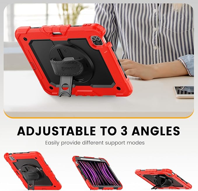 Timecity Case for iPad Pro 11 inch 4th/3rd/2nd/1st Generation 2022/2021/2020/2018, Heavy Duty Protective Case with Screen Protector, Swivel Stand, Hand/Shoulder Strap,Pencil Holder Case- Red