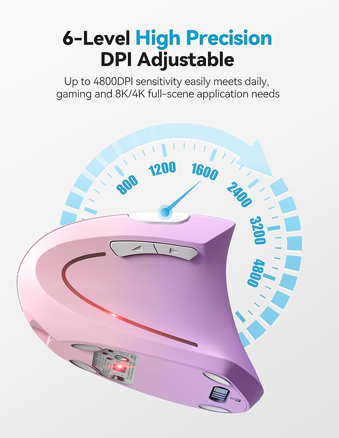 TECKNET Ergonomic Mouse Rechargeable Bluetooth - 4800 DPI Vertical Mice 6 Adjustable Levels, Wireless Optical Carpal Tunnel Mouse Right Hand, Multi Device for Laptop, PC, Computer - Pink Purple