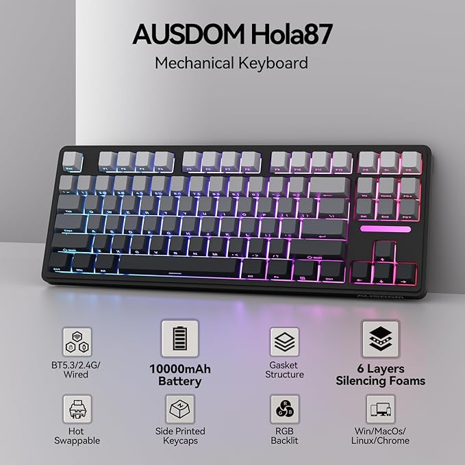 AUSDOM H87 Wireless Mechanical Keyboard, 10000mAh Battery Gasket Hot Swappable Custom Keyboard with RGB Backlit, Side Printed PBT Keycaps, Tri-Mode BT5.3/2.4GHz/USB-C Gaming Keyboards, Black Grey