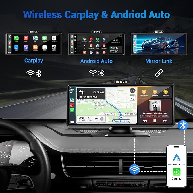 Wireless Apple Carplay Screen for Car with 4K Dash Cam, 10.26" Portable Apple Carplay & Android Auto, HD Touchscren with 1080p Backup Camera, Voice Control/Mirror Link/GPS/BT/FM