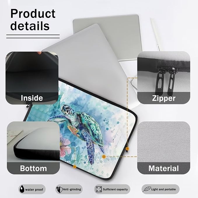 Flower Sea Turtle Laptop Protective Sleeve for Women Men Computer Sleeve 10 inch Tie Dye Laptop Case Bag Portable Computer Carrying Case Suitable GITS for Teens Tablet Bags Hippie