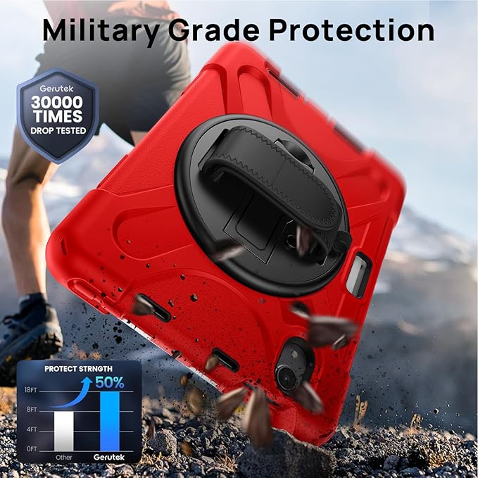 Gerutek Case for iPad mini 7 (A17 Pro) 2024/Mini 6 2021 8.3 inch, Shockproof Cover for iPad mini 7/6th Generation with Screen Protector, 360° Rotating Stand, Hand/Shoulder Strap, Pencil Holder-Red
