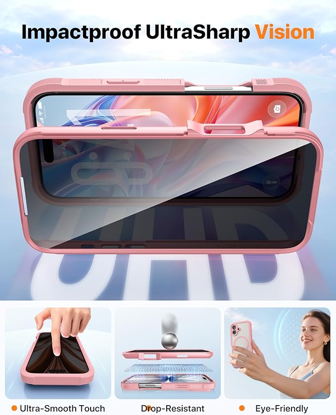 Diaclara Magnetic Designed for iPhone 17 Case 6.3'' [Full Camera Protection] Full Body Bumper with Privacy Screen Protector, [Compatible with MagSafe] Military Drop Proof Phone Case, Pink