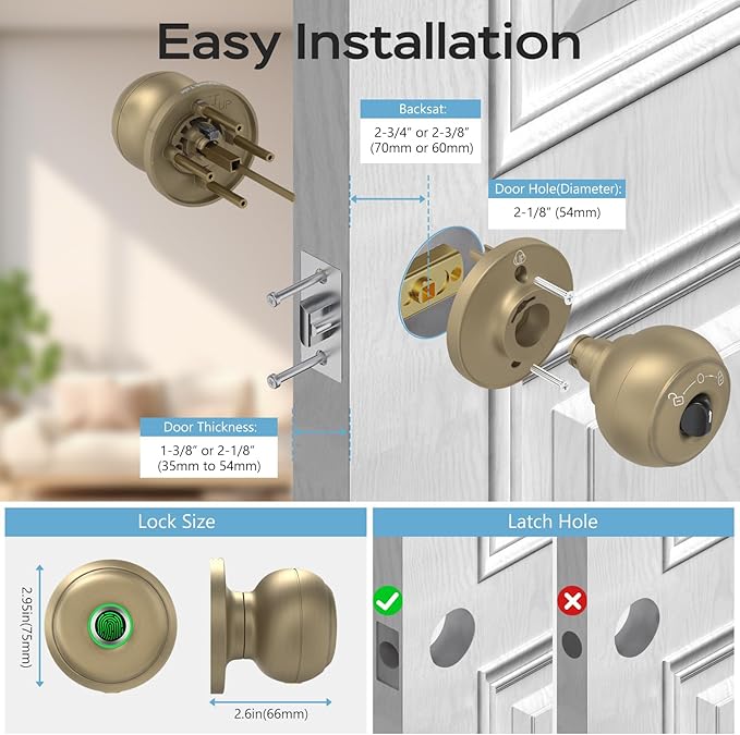 GeekTale Fingerprint Door Lock for Bedrooms, Fingerprint Door Knob with Lock, Smart Door Lock, App Control, Back-up Keys, Thumbprint Door Knob for Bedrooms, Office, Apartment