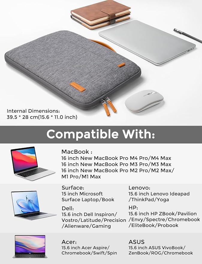 DOMISO 15.6 inch Laptop Case Sleeve Protective Cover Compatible with 16 inch MacBook Pro M4 M3 M2/Pro Max,15.6-16 inch HP Dell ASUS Lenovo Chromebook,Waterproof Computer Cases Bag with Handle,Grey