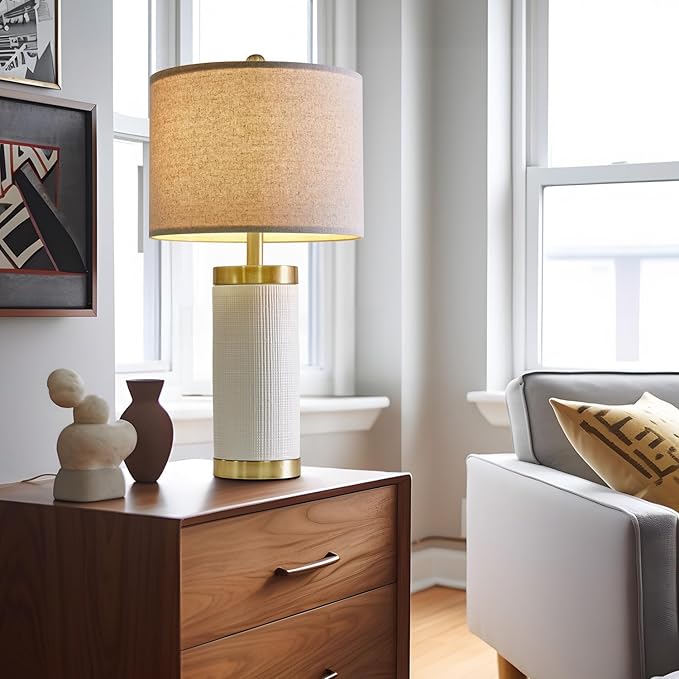 USumkky 24.5" Modern Ceramic White Bedside Lamp for Bedroom Decor Farmhouse Table Lamp for Living Room Office Dorm