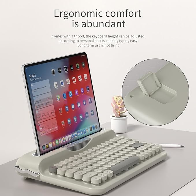 Ajazz AF84 Wireless Membrane Silent Typewriter Keyboard, Bluetooth/2.4G Dual-Mode Connection, Cute Retro Aesthetic Design with Integrated Stand for Tablet, Phone, PC and Win/Mac/Android Black