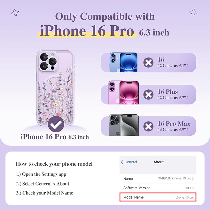 GVIEWIN for iPhone 16 Pro Case Compatible with MagSafe, [Military Grade Protection] [Screen Protector] Full Camera Protection Floral Translucent Women Magnetic Phone Case, Floratopia/Colorful