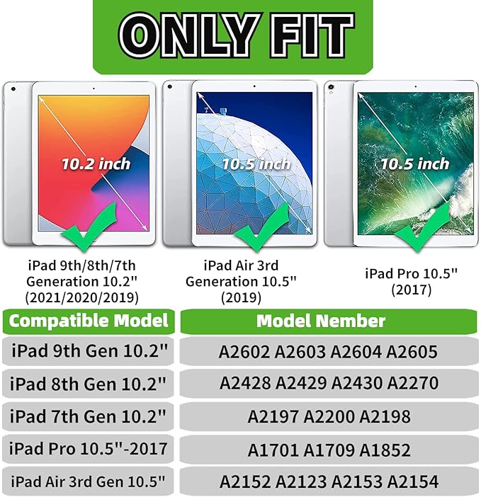 Kids Case for iPad 10.2 & 10.5, iPad 9th/8th/7th Generation 10.2" 2021 2020 2019 Case with Screen Protector, iPad Air 3rd Gen/Pro 10.5 inch Protective Cover with Handle Stand, Green