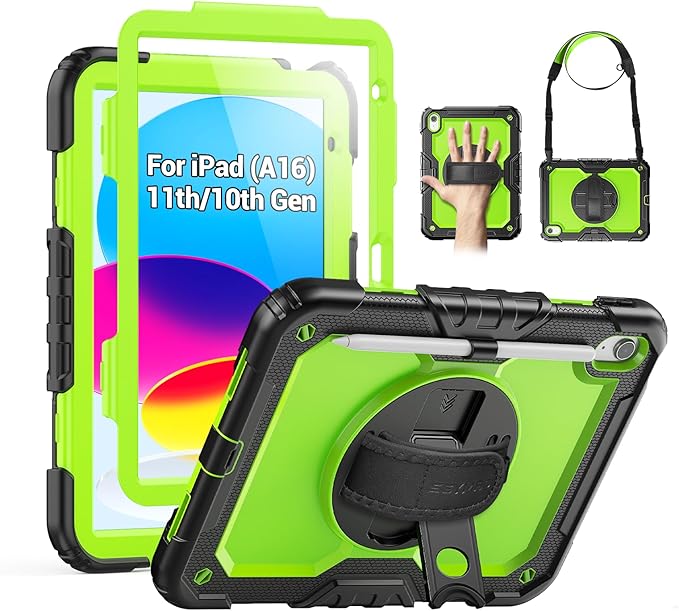 SEYMAC Case for iPad (A16) 11th/10th Generation 2025/2022 (11″/10.9″), Sturdy Heavy Duty Full-Body Shockproof Protective Case with Screen Protector, Rotating Stand, Hand/Shoulder Strap, Black/Green