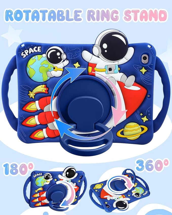 Boaretiu Kids Case for iPad mini 4/mini 5 Generation 7.9 Inch - Cute Cartoon Astronaut Spaceship Silicone Case with Strap & Rotating Stand Soft 3D Tablet Cover for Boys Teens