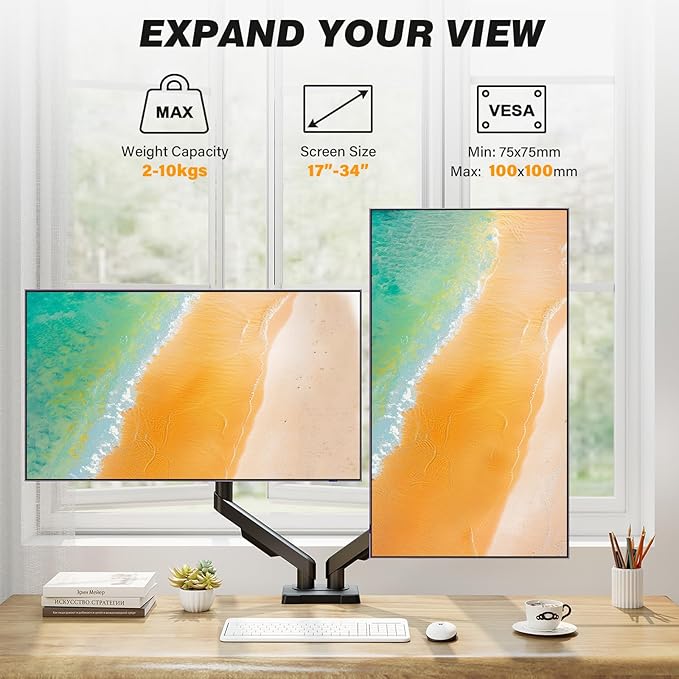 5Rcom Dual Monitor Stand for 17-34 inch Computer Screens, Full Motion Monitor Dual Monitor Arms, Dual Monitor Arms Hold up to 22lbs, Gas Spring Monitor Stand, 75/100mm VESA Mount