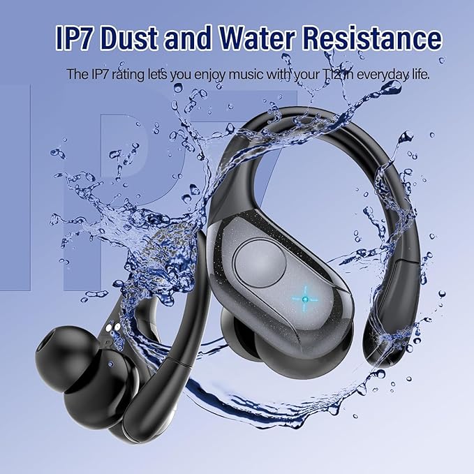 Ailith Bluetooth 5.4 Headphones, Sport Wireless Earphones with 4 ENC Mic, Stereo Bass, IP7, Bluetooth Earbuds with Earhooks for Workout/Running/Work, Dual LED Display Ear Buds, Black