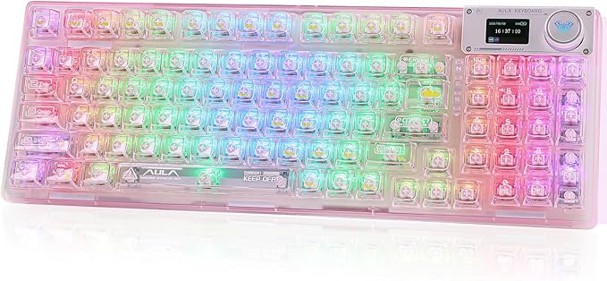 F98 Pro 95% Hot-Swappable Mechanical Keyboard – Transparent Keycaps, RGB Backlit Gaming Keyboard, Tri-Mode BT5.0/2.4G/USB-C, OLED Display, 4000mAh Battery, Pink