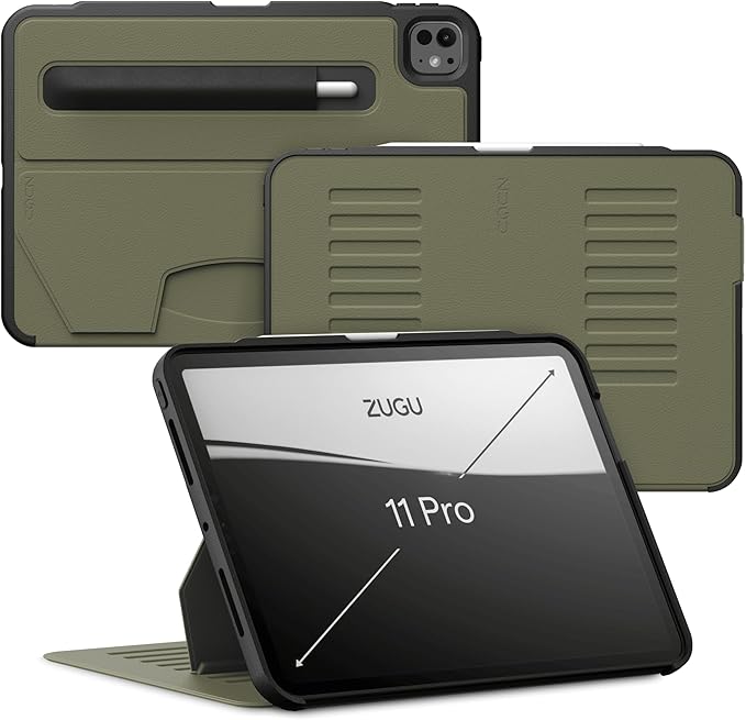 Zugu Case for iPad Pro 11 (M4/M5) 2024/2025, Slim Protective Cover with Apple Pencil Holder, Auto Wake/Sleep, Multiple Viewing Angles, iPad Pro 11 Inch Cover, Phone Protector, Olive Green