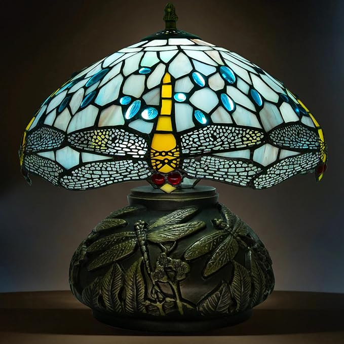 12 Inch Dragonfly Tiffany Lamp with Remote Control, Adjustable Brightness and Color Temperature, E26 Bulb, 9W, Ocean Blue Dragonfly Mushroom Stained Glass Bedside Lamp