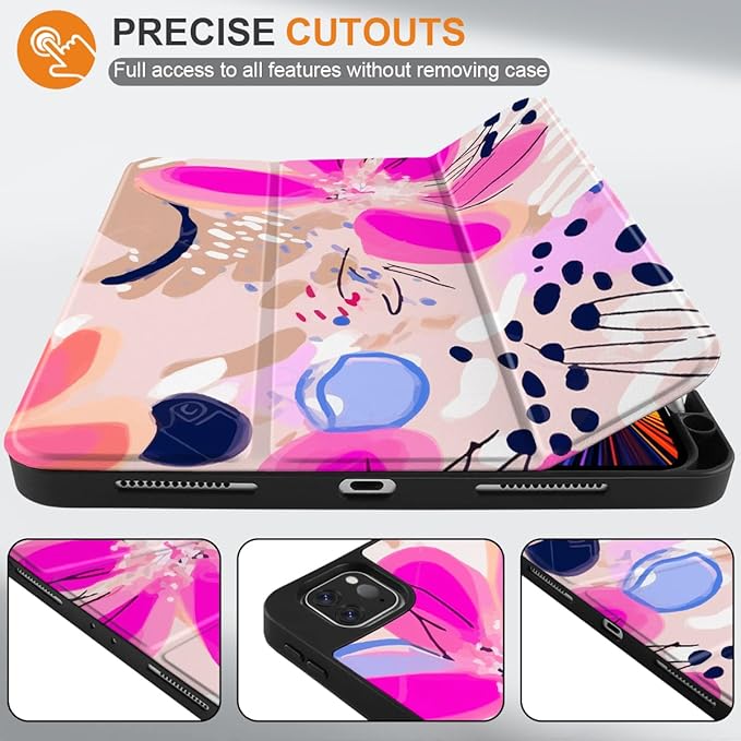 DONGKE Case for 2022/2021/2020/2018 iPad Pro 11 inch Gen 4/3/2/1 - Slim Protective Case - Built in Pencil Holder Support Charging - Trifold Stand & Sleep/Wake Cover - Floral Artistic