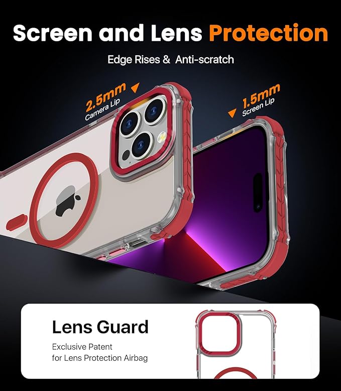 DEERLAMN Strong Magnetic Case for iPhone 15 Pro 6.1-Inch,[Compatible with Magsafe] Clear Slim Shockproof Protective Phone Cover for Women Men-Transparent+Red