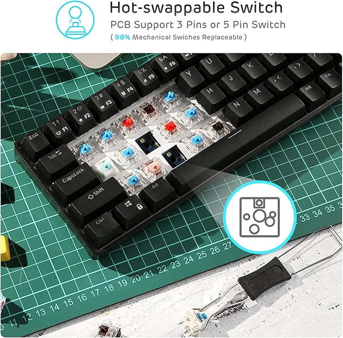 RK ROYAL KLUDGE RK68 Wireless Hot Swappable 65% Mechanical Keyboard, 68 Keys Compact BT5.0 Gaming Keyboard with Stand-Alone Arrow/Control Keys, Black, Quiet Red Switch