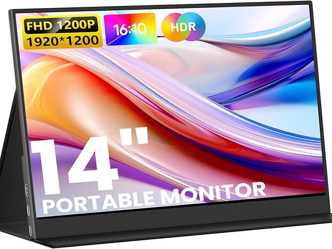 KEEPTIME Portable Monitor 14inch FHD 1920 * 1200P Travel Monitor, USB-C HDMI Laptop Monitor with Dual Speakers, HDR Plug&Play, External Monitor for Laptop Mac PC Phone Xbox PS5