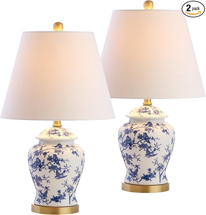 JONATHAN Y 22" Blue/White Ceramic Table Lamp, French Country Chinoiserie Ginger Jar LED Bedside Lamp for Living Room Bedroom, White Linen Shade (JYL3005A-SET2)