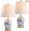 JONATHAN Y 22" Blue/White Ceramic Table Lamp, French Country Chinoiserie Ginger Jar LED Bedside Lamp for Living Room Bedroom, White Linen Shade (JYL3005A-SET2)