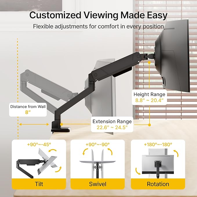 monTEK Single Monitor Arm for Max 45 Inch Ultrawide Screens Adjustable Monitor Desk Mount Holds 35 Lbs Cable Management with Clamp/Grommet Desk Mount, VESA 75/100mm