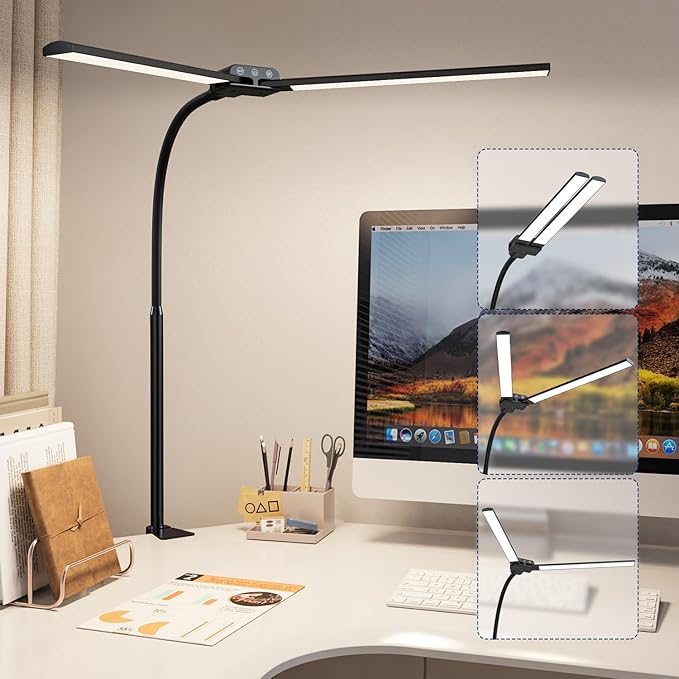 KableRika Desk lamp,Double Head LED Desk Lamp with Clamp,Architect Desk Lights for Home Office,Eye-Caring Desktop Office Lamp 4-Brightness 4-Color Table Lamp for Monitor Workbench Study Reading