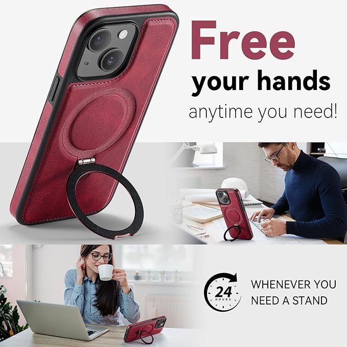 for iPhone 14 Case with Stand Compatible with Magsafe Slim PU Leather & Durable TPU Drop Proof Magnetic Kickstand Protective Phone Cover with Tempered Glass Screen Protector 6.1", Red