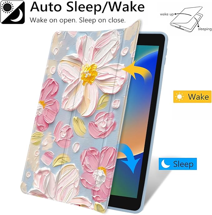 JOYLAND Texture Painting Flower Baby Blue Case for iPad 7th/8th/9th Generation, Clear Transparent Acrylic Hard Back Case with Pencil Holder Trifold Stand Tablet Cover for iPad 10.2" 2019/2020/2021