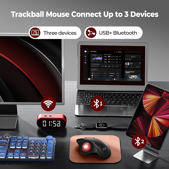 seenda Wireless Trackball Mouse, Ergonomic Bluetooth Rollerball Mouse Rechargeable, 3 Device Connection Optical Mice Adjustable DPI Thumb Control Mice Compatible for PC/Laptop/Windows/Mac - Black&Red