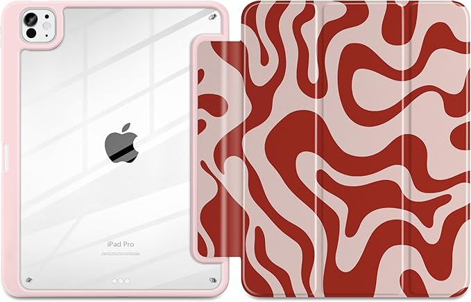TWOLSKOO Case for iPad Pro 11-inch (M5 2025 / M4 2024), Clear Acrylic Back with TPU Bumper, Pencil Holder, Trifold Stand, Auto Sleep/Wake, Red Waves
