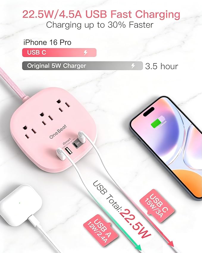 Cruise Ship Travel Essentials, 22.5W/4.5A Flat Plug Power Strip, 6Ft Extension Cord, 3 Outlets 4 USB Ports (2 USB C) Cruise Approved Power Strip No Surge Protection, Desktop Charging Station, Pink