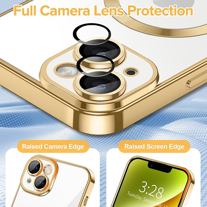 Hython Magnetic Clear for iPhone 14 Plus Case with Camera Lens Protector [Compatible with MagSafe] Luxury Plating Edge Slim Soft TPU Cover Protective Phone Case for iPhone 14 Plus 6.7", Gold