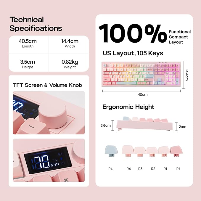 EPOMAKER Aula S102 PRO Membrane Gaming Keyboard with TFT Screen, Volume Knob & Number Pad, BT/2.4G/USB, RGB Backlit, Creamy Silicone Structure, Silent Keyboard for PC Game/Office (Pink)