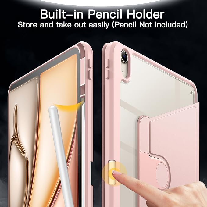 JETech Rotating Case for iPad Air 13-Inch M4/M3/M2 (2026/2025/2024) with Pencil Holder, 360 Degree Rotation Protective Stand Cover Clear Back, Auto Wake/Sleep (Sandy Pink)
