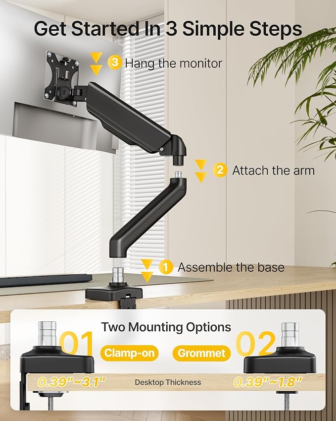 monTEK Heavy Duty Single Monitor Arm with USB/Audio Ports for 17-32” Screens, Premium Mechanical Spring Monitor Arm up to 19.8 lbs, Full Motion Monitor Desk Mount, VESA 75/100 mm, Clamp/Grommet