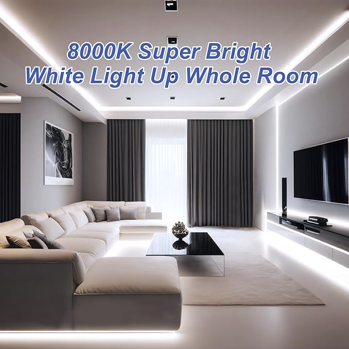 White LED Strip Lights, 32.8ft Dimmable Bright 12V LED Light Strip 8000K Pure White, 600 LEDs Flexible Tape Rope Lights for Bedrooms, Kitchen, Mirror, Living Room,Home Decoration
