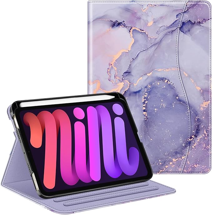 Fintie Folio Case for iPad Mini 7 (A17 Pro, 7th Generation) 2024 / iPad Mini 6 (6th Gen) 8.3 Inch, Multi-Angle Smart Stand Cover with Pencil Holder & Pocket, Auto Sleep/Wake, Lilac Marble