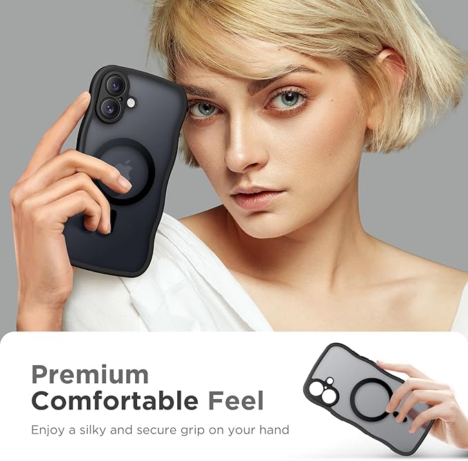 CAPRARO for iPhone 16 Plus Case for Women Girls, Upgraded [Full Camera Protection] [Compatible with MagSafe] Cute Wave Translucent Matte Phone Case for iPhone 16 Plus, Black