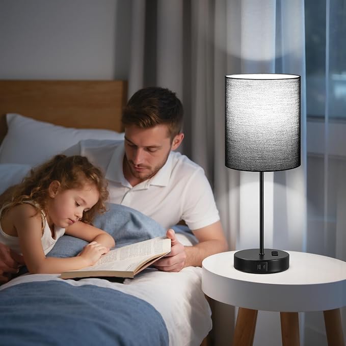Black Touch Lamps for Nightstand Set of 2 - Bedside Table Lamp for Bedroom with Dual USB Ports & AC Outlet, 3-Way Dimmable Lamps for Living Room Boys Room, Night Light with 5000K Daylight Bulbs