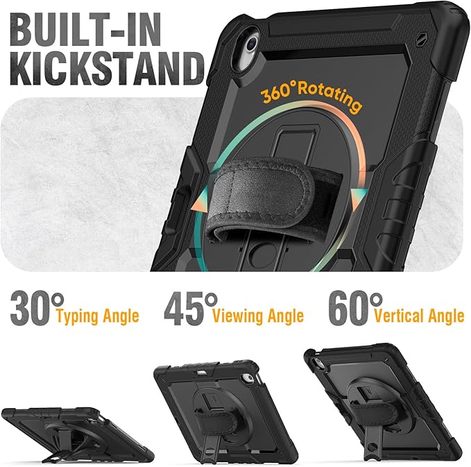 HXCASEAC Rugged Case for iPad Air 11 inch M4 M3 M2 (2026 2025 2024), Heavy Duty Protective Design with Pencil Holder, Screen Protector, Rotating Stand, Hand Strap, for iPad Air 11 Hard Case (Black)