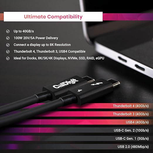 CalDigit Thunderbolt 4 Cable - 40Gbps 100W Power Delivery, Compatible with Thunderbolt 3, Thunderbolt 5 & USB4 Type C, MacBook Pro, iMac, iPhone 17 Max, Black (0.8m/2.62ft, Thunderbolt 4/USB 4)