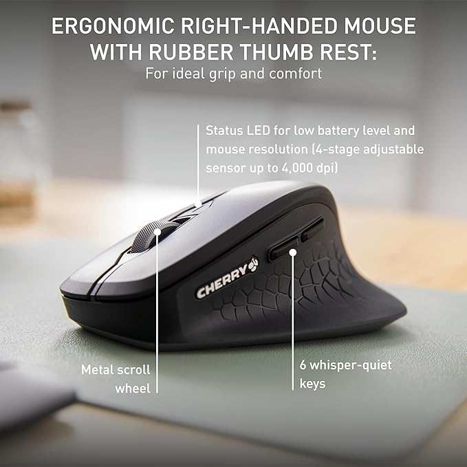 Cherry Stream Desktop Comfort, Wireless Keyboard and Mouse Combo, 2.4 GHz Connection, Whisper-Quiet Keys, Ergonomic Right-Handed Mouse, Battery-Powered, Black