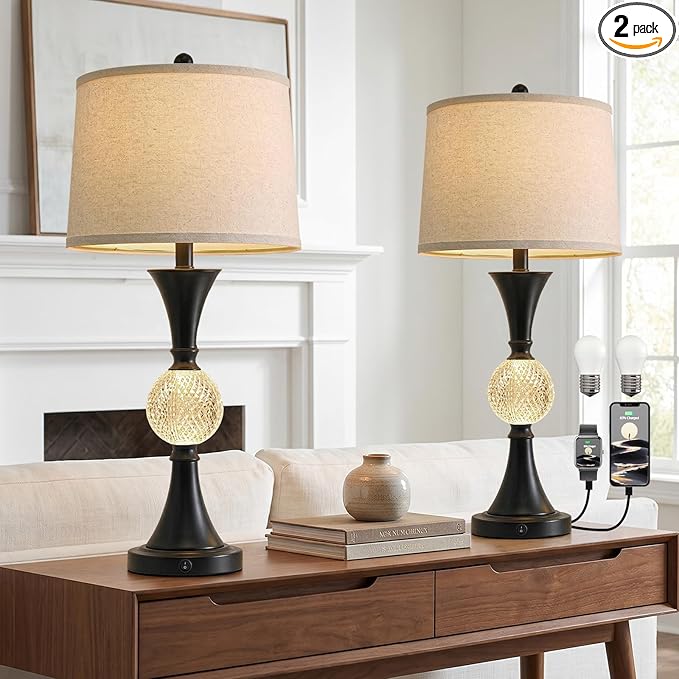 Oneach 28.5" Black Table Lamps Set of 2, Tall Luxury Bedside Lamps with Night Light, USB A+C Charging Ports, Elegant Metal Nightstand Lamps for Bedroom Office End Table Decoration