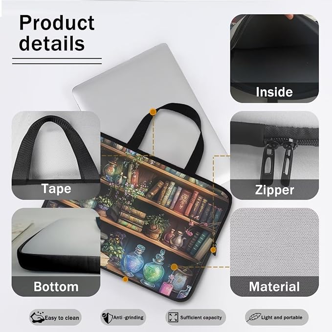 Vintage Bookshelf Laptop Case Sleeve for Women Laptop Bag Computer Carrying Case Book Lover 10 Inch Computer Protective Notebook Case Cover